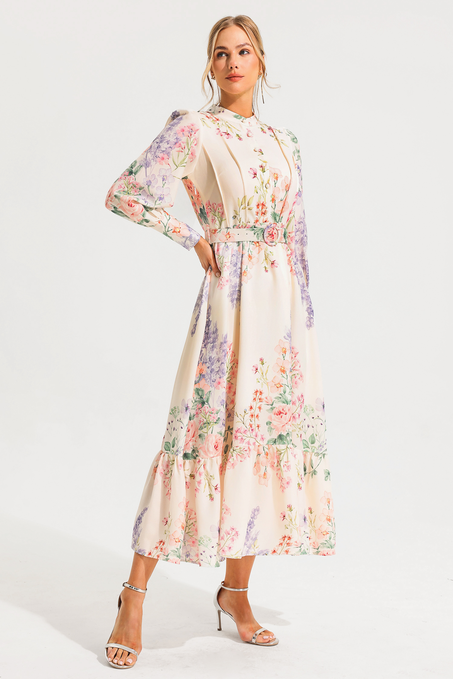 Andrea Floral Long Sleeve Maxi Dress With Belt
