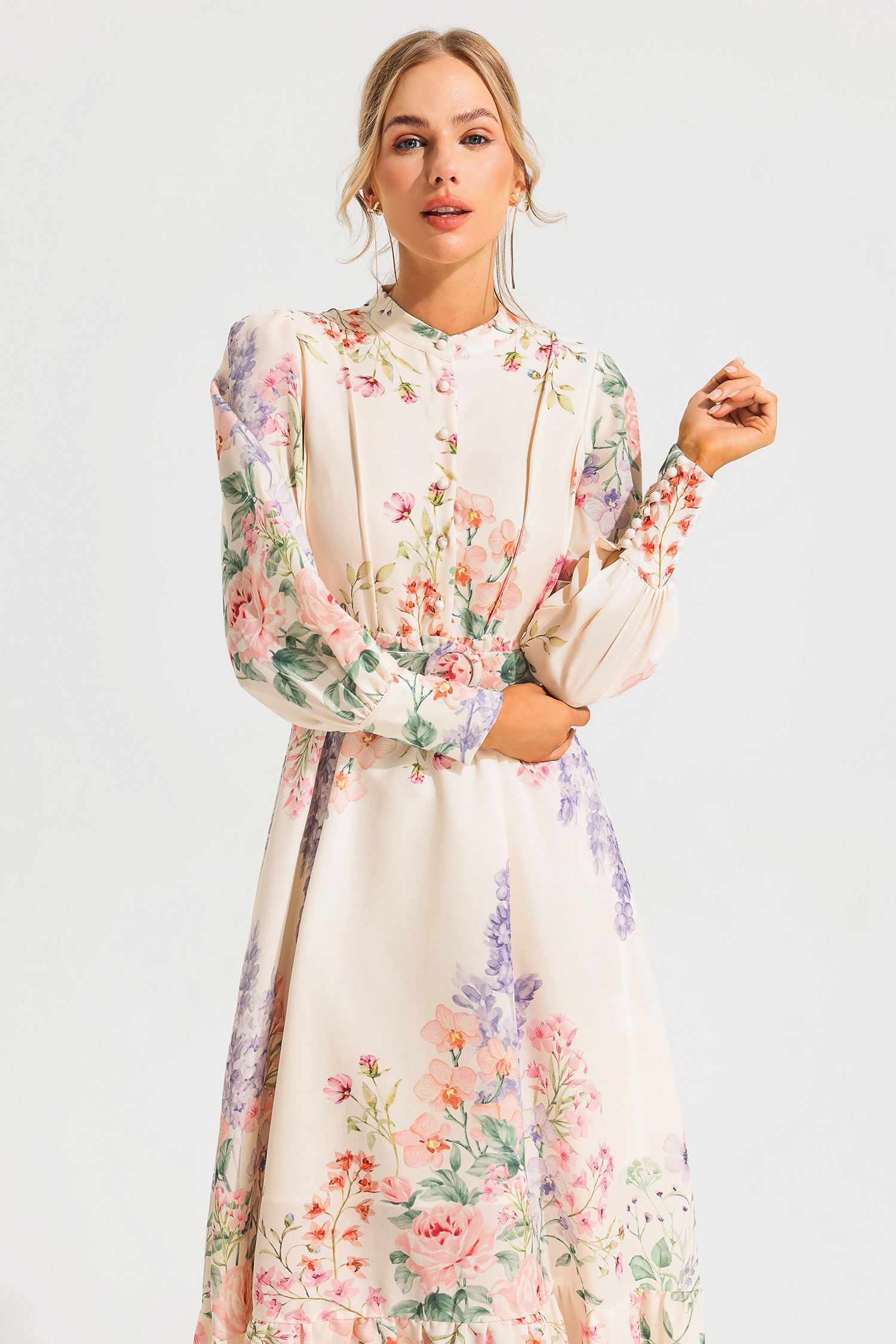 Andrea Floral Long Sleeve Maxi Dress With Belt