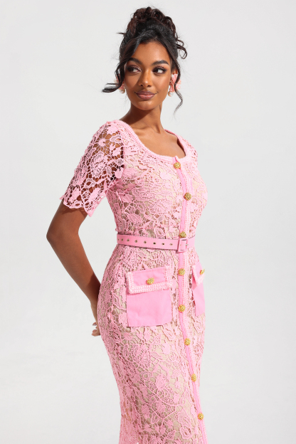 Eireann Lace Metal Button Round Neck Midi Dress