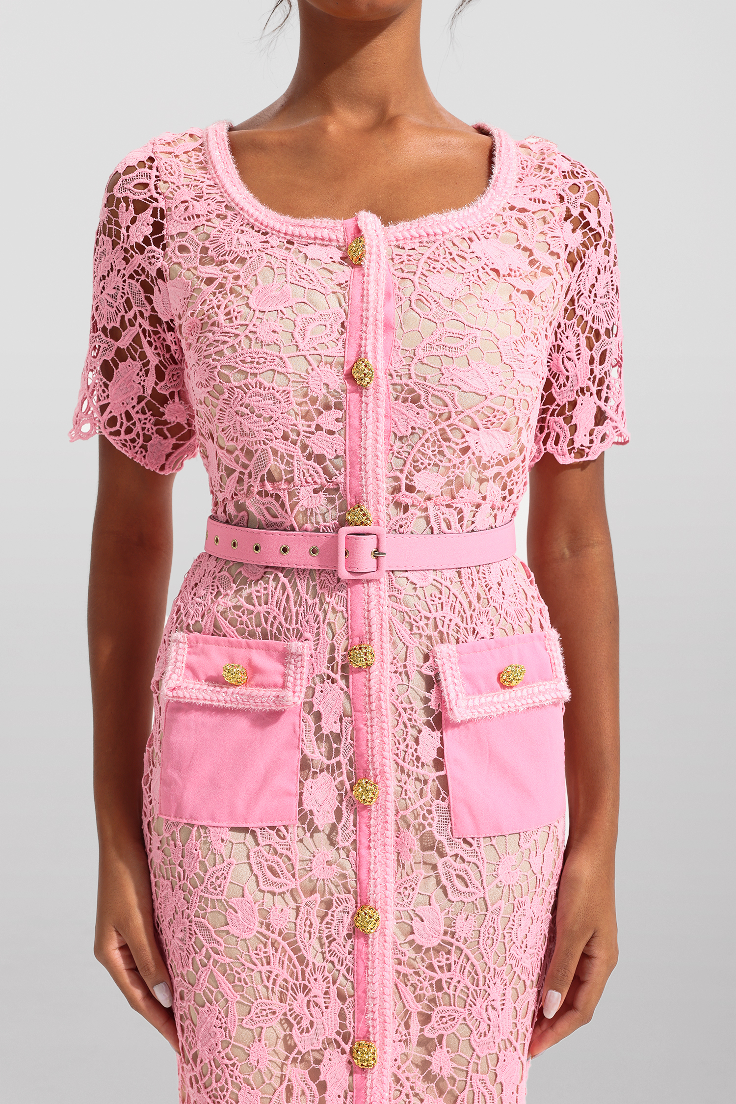 Eireann Lace Metal Button Round Neck Midi Dress