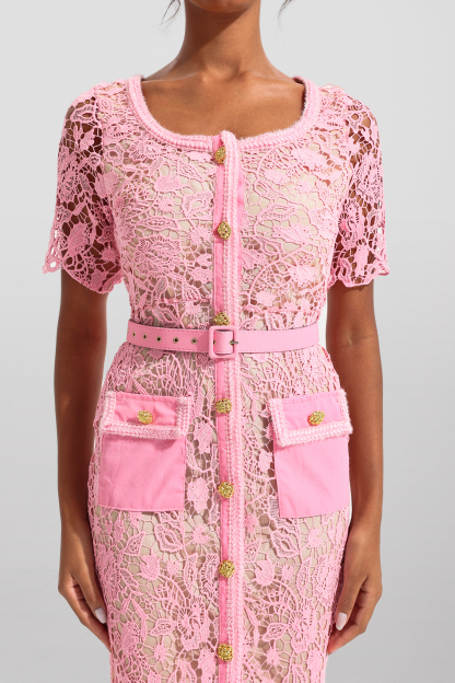 Eireann Lace Metal Button Round Neck Midi Dress