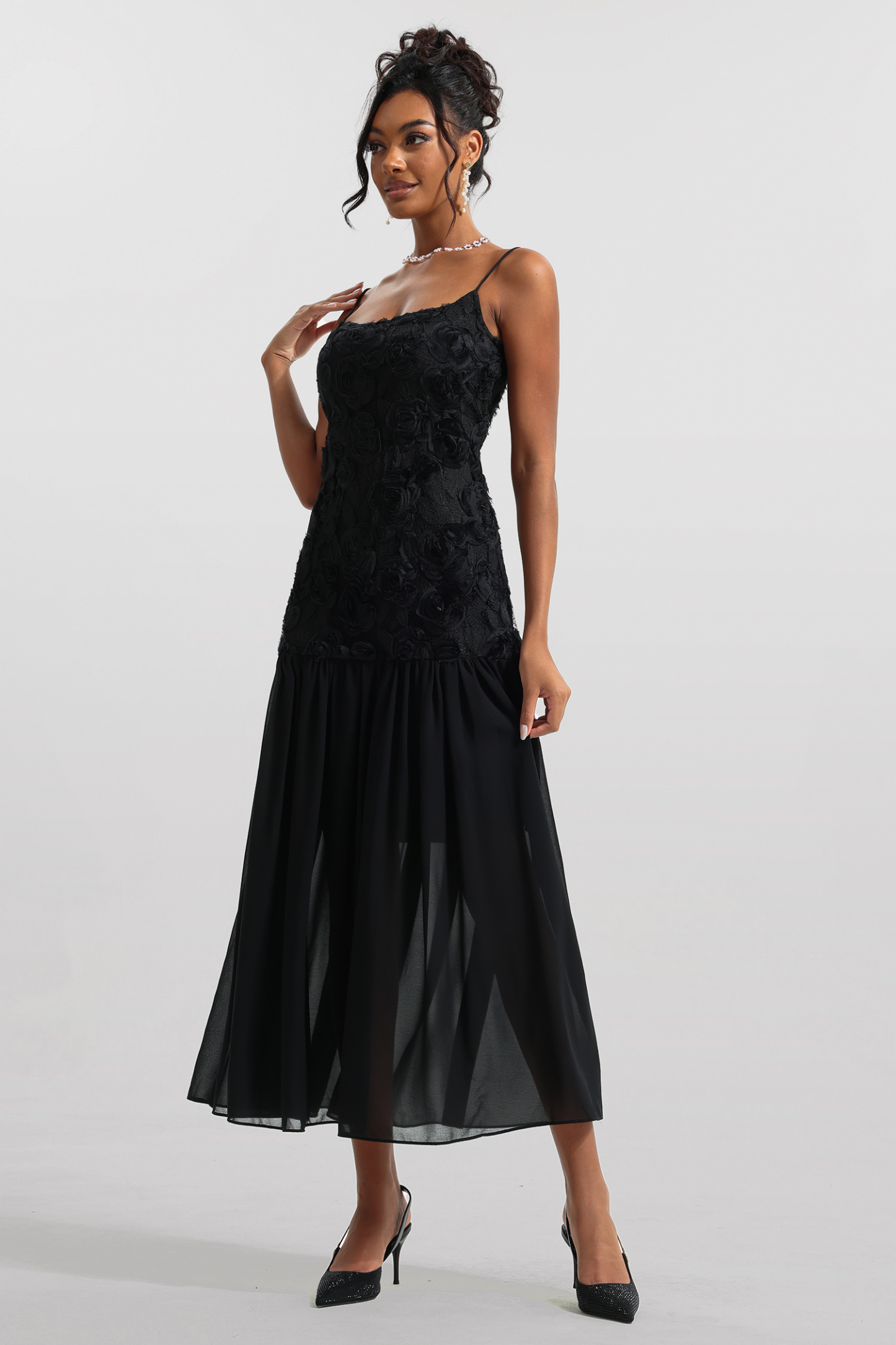 Genevieve 3D Floral Solid Sleeveless Midi Dress