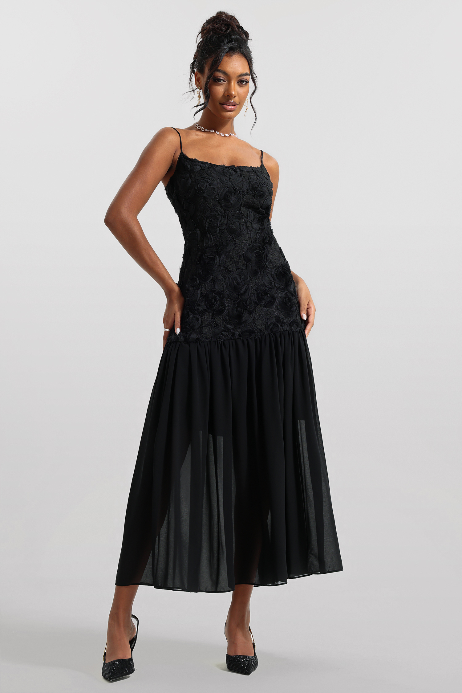 Genevieve 3D Floral Solid Sleeveless Midi Dress