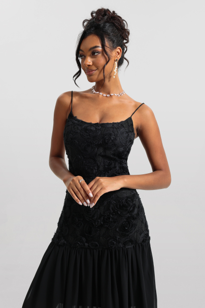 Genevieve 3D Floral Solid Sleeveless Midi Dress