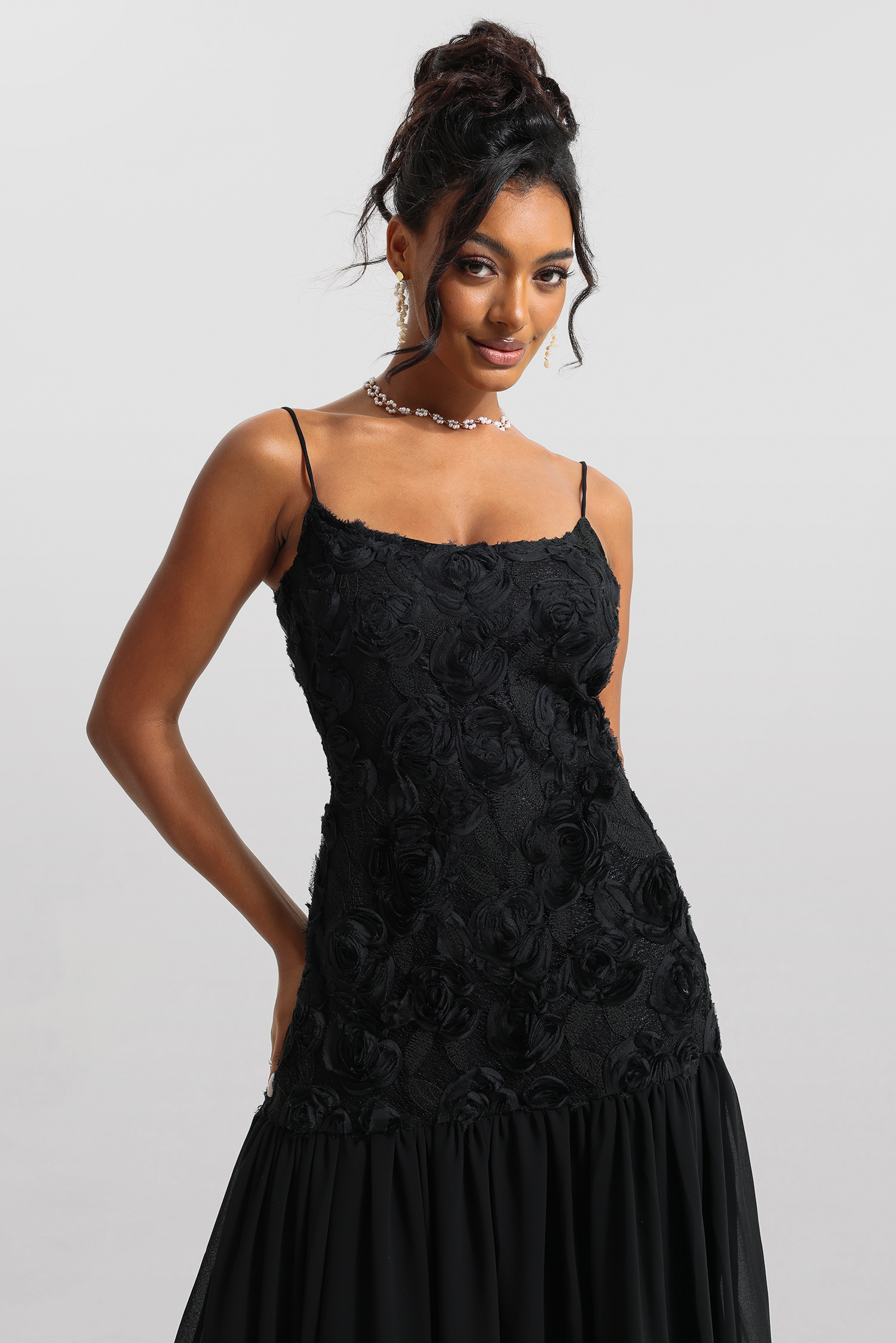 Genevieve 3D Floral Solid Sleeveless Midi Dress