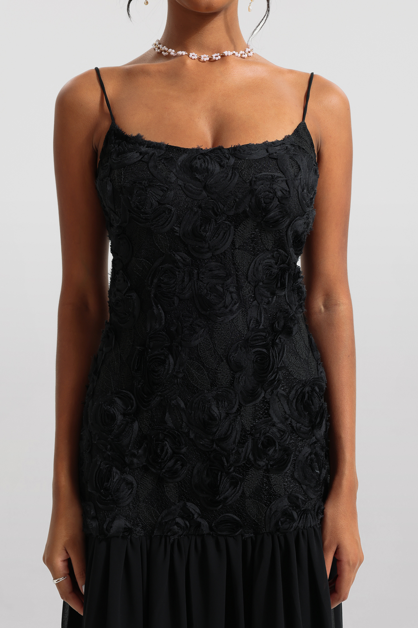 Genevieve 3D Floral Solid Sleeveless Midi Dress