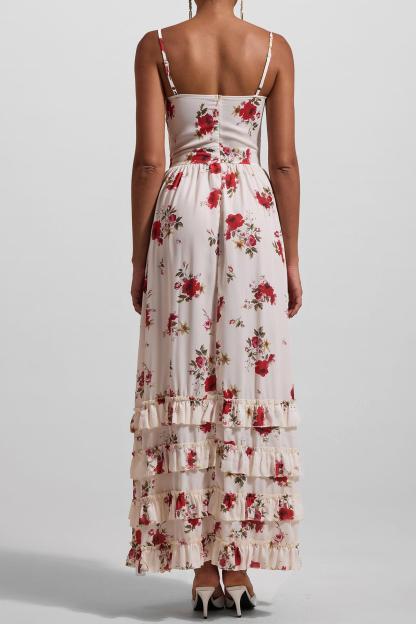 Roberta White Floral Frill Split Maxi Dress
