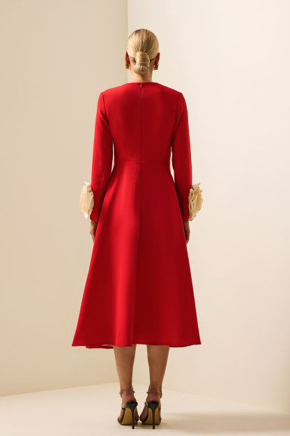 Kallie 3D Flower Round Neck Long Sleeve Midi Dress