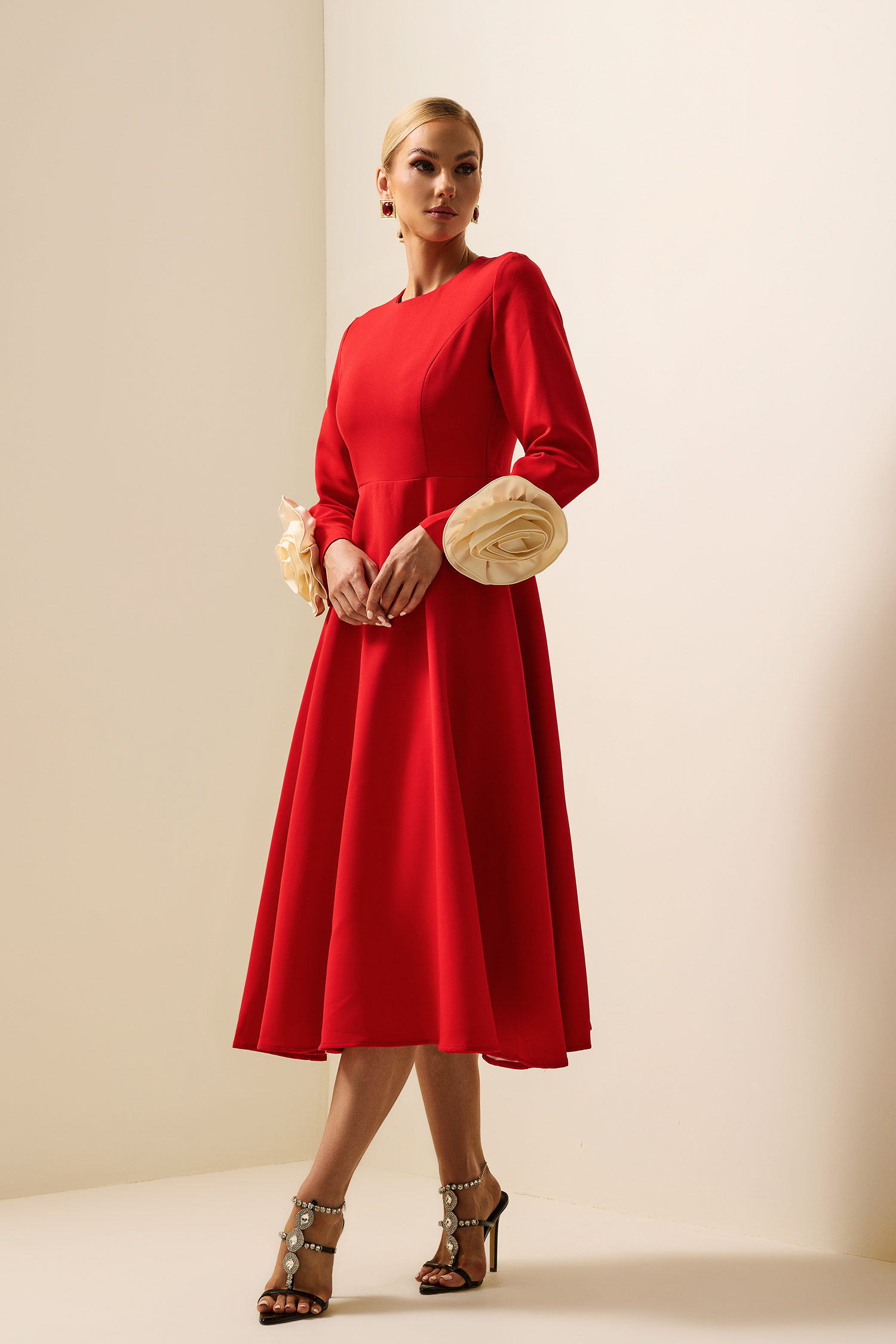 Kallie 3D Flower Round Neck Long Sleeve Midi Dress