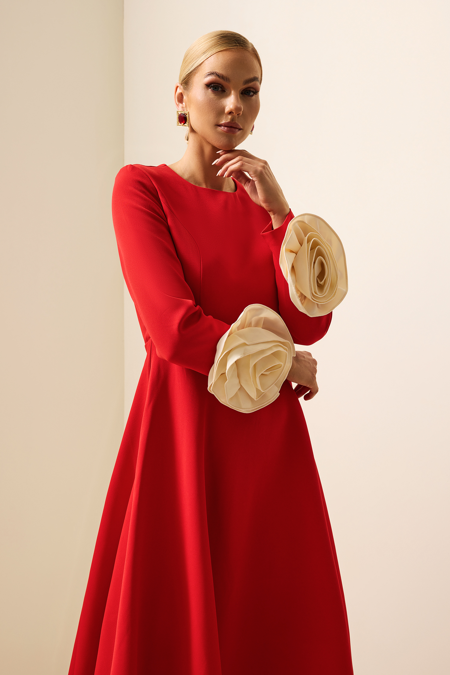 Kallie 3D Flower Round Neck Long Sleeve Midi Dress