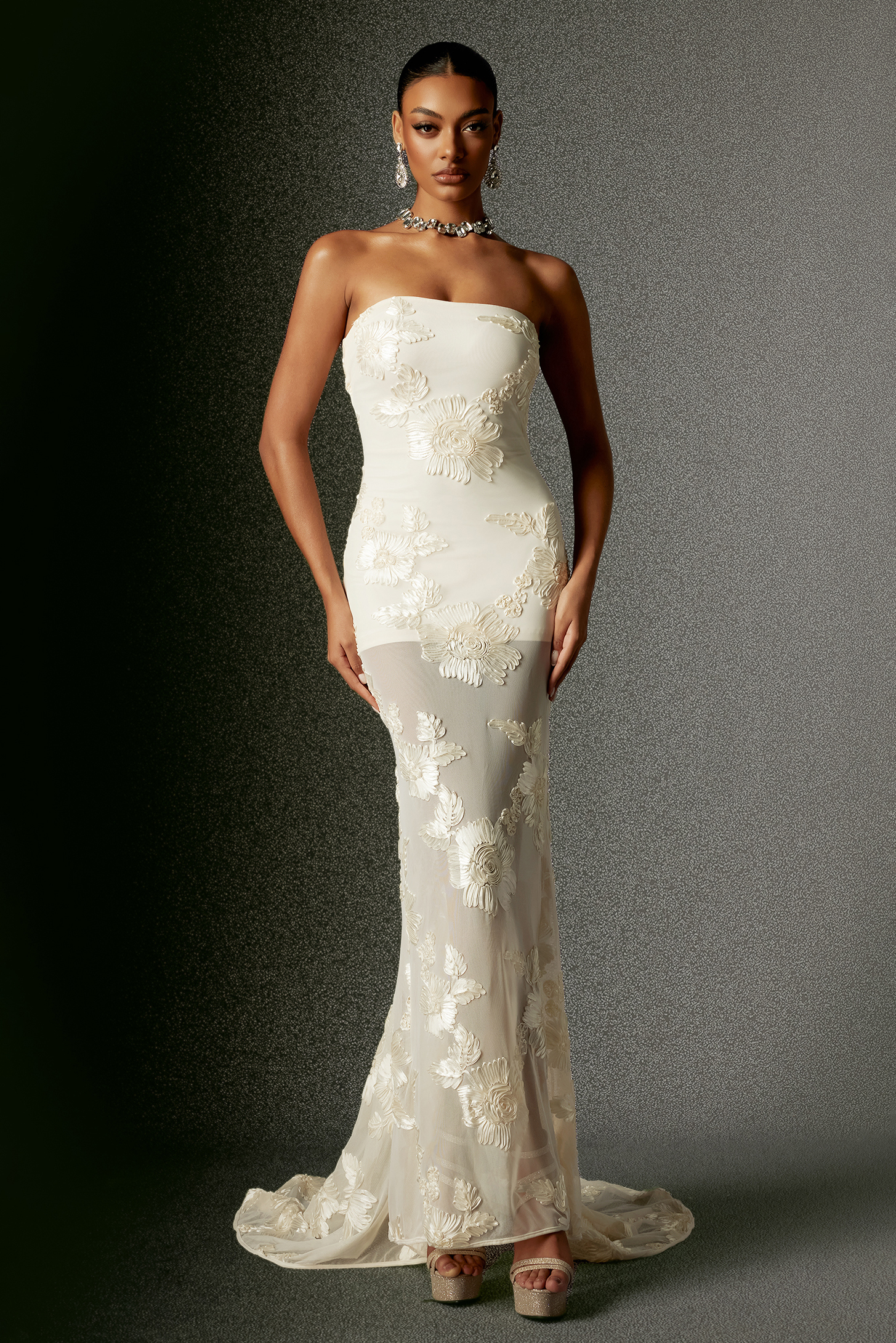 Rachel Strapless Embroidery Flower Mesh Maxi Dress