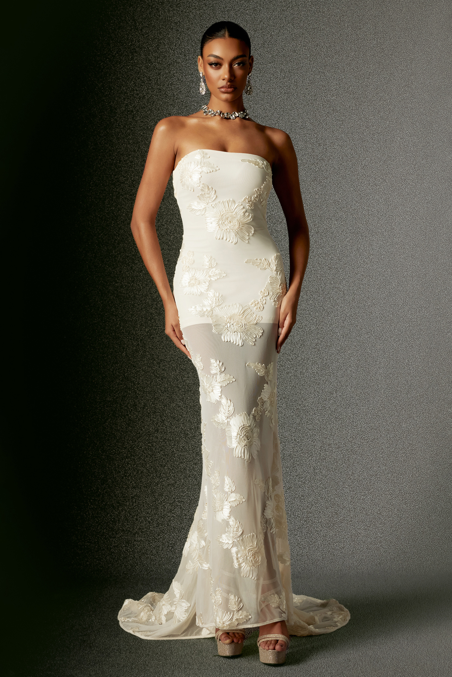 Rachel Strapless Embroidery Flower Mesh Maxi Dress