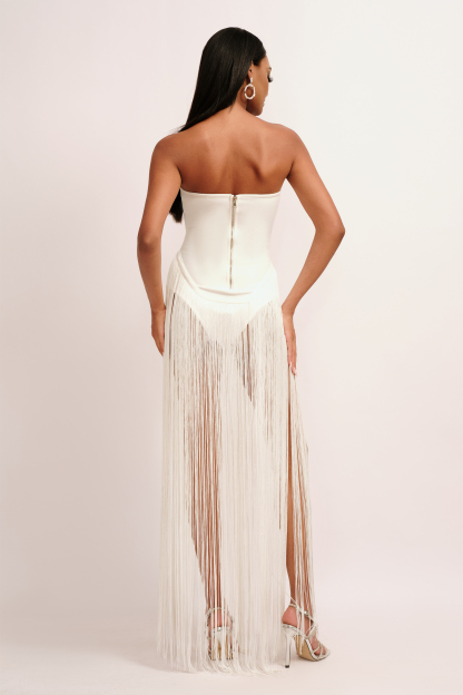 Deana Strapless Fringe Dress - White