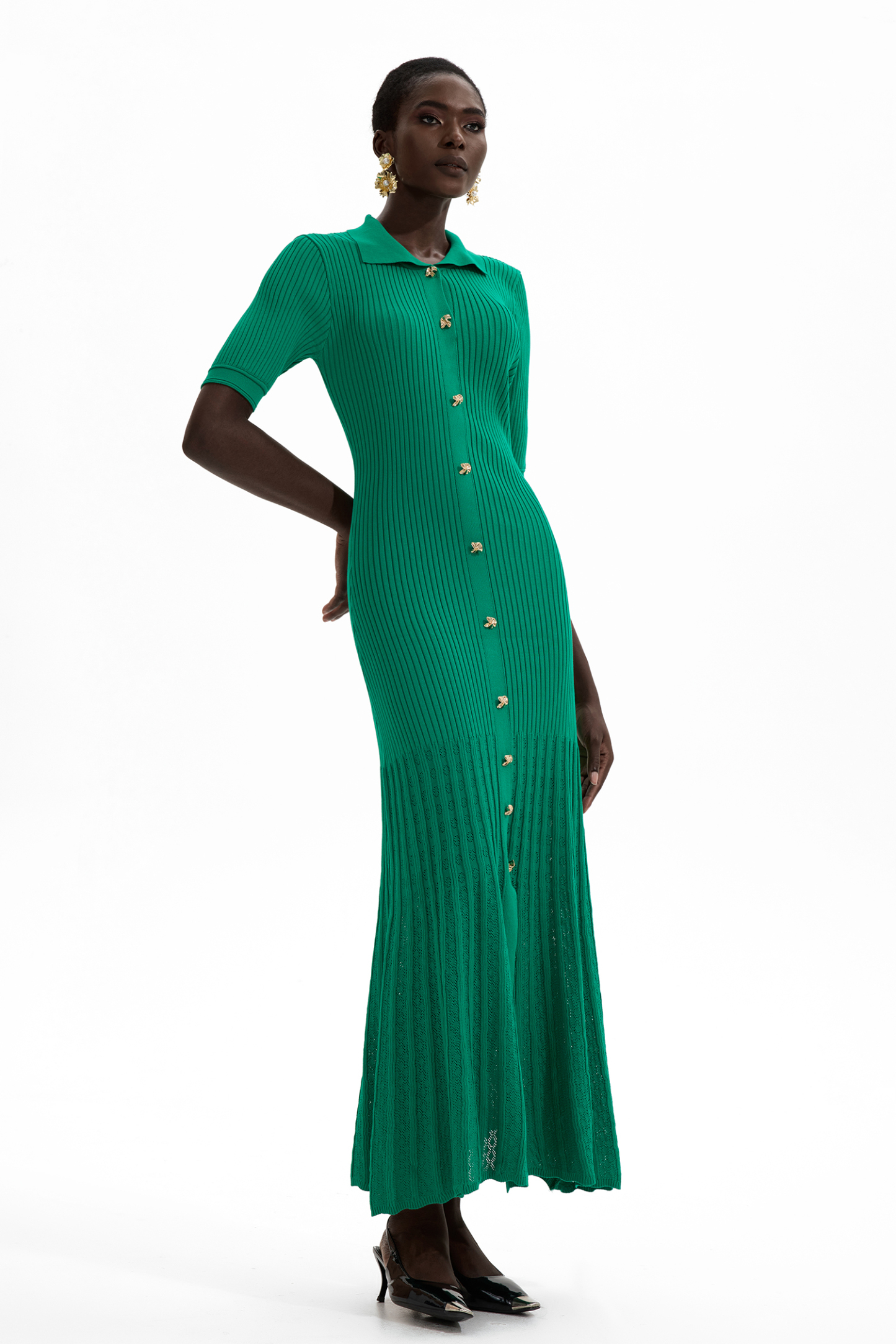 Evelyn Jersey Flapped Metal Button Midi Dress