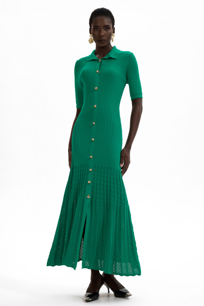 Evelyn Jersey Flapped Metal Button Midi Dress