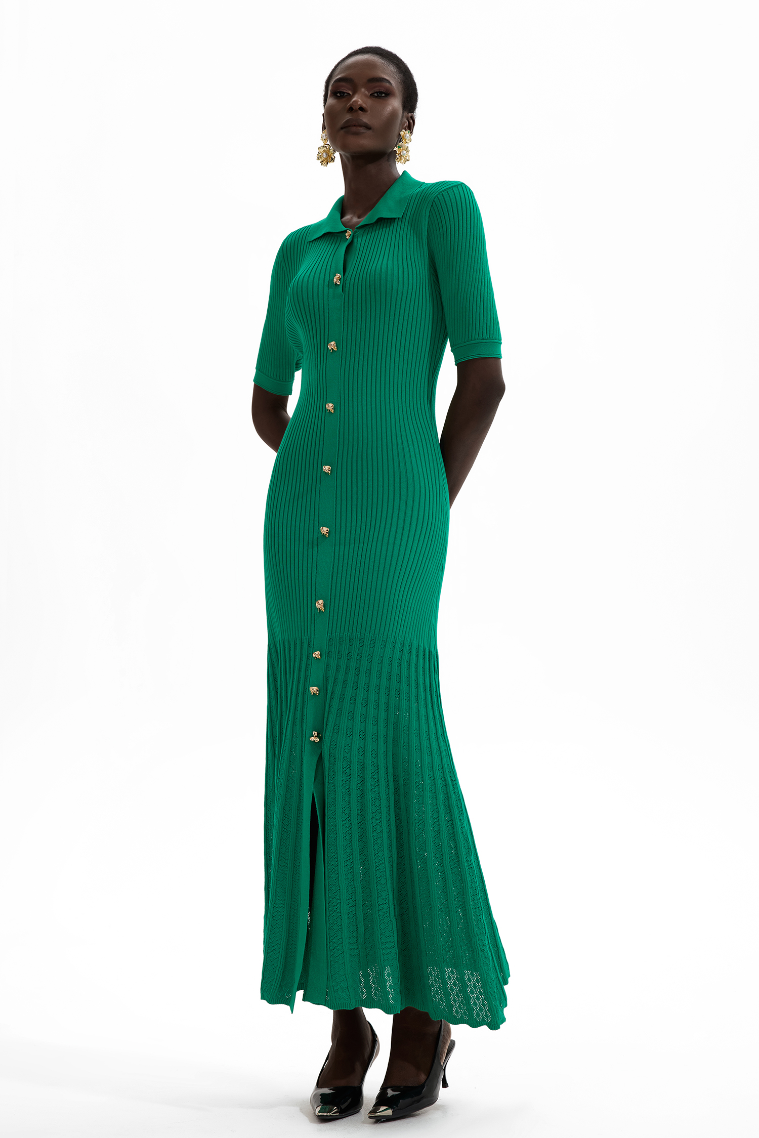 Evelyn Jersey Flapped Metal Button Midi Dress