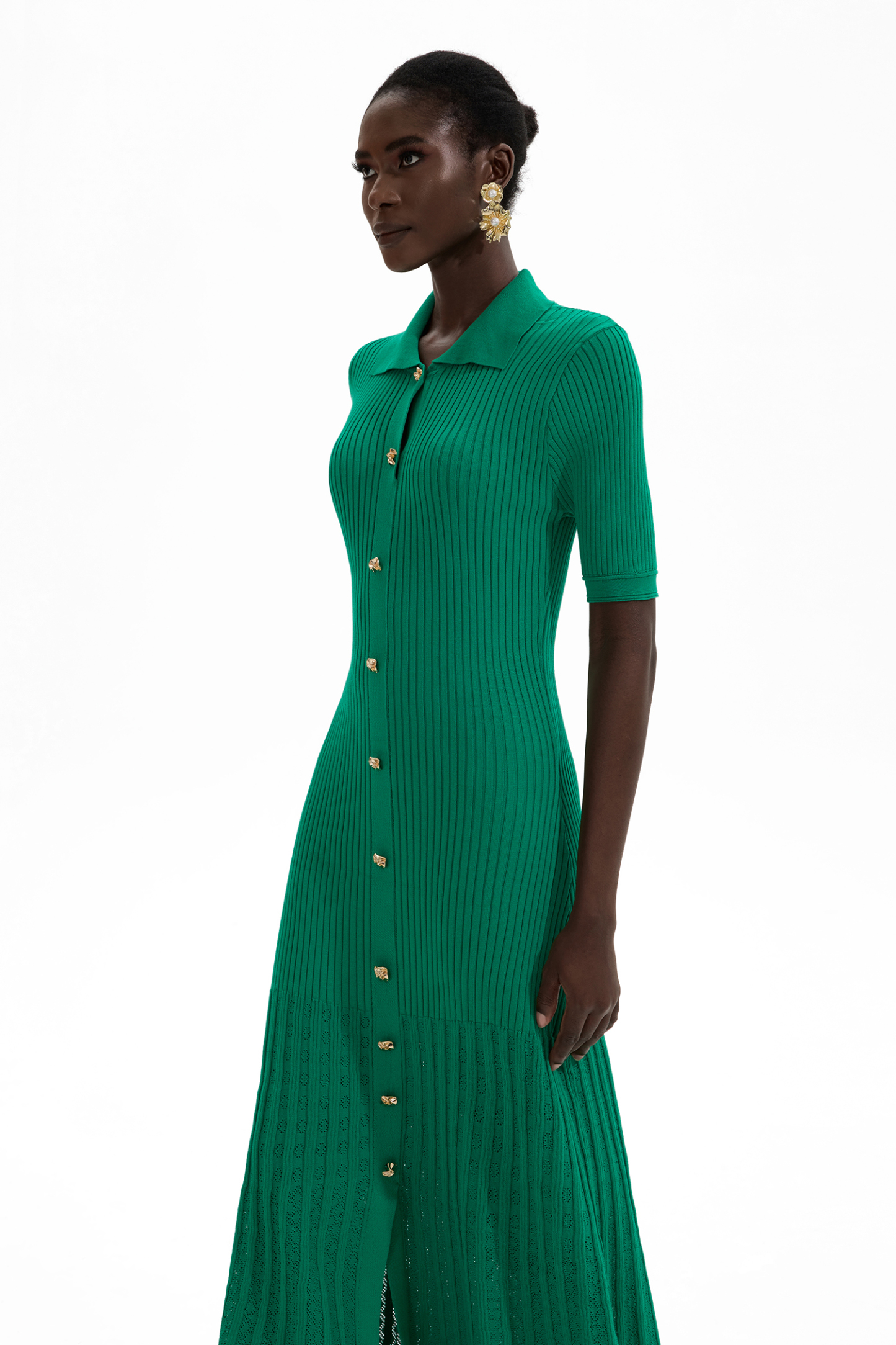 Evelyn Jersey Flapped Metal Button Midi Dress