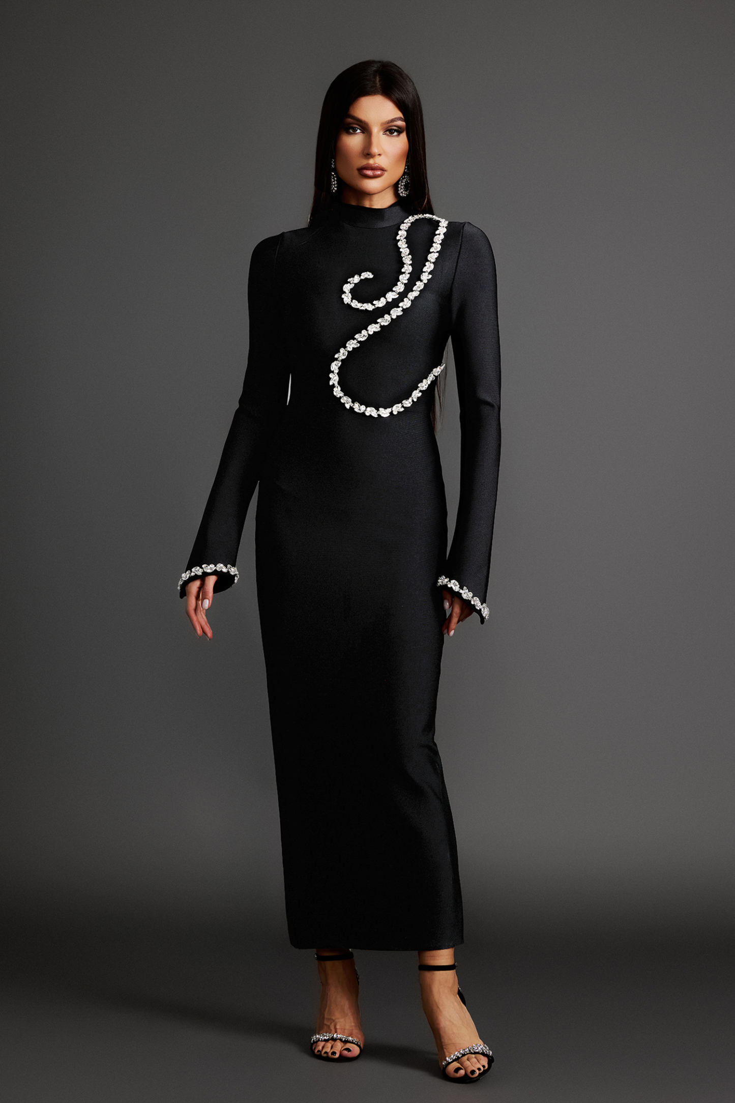 Cassandra Diamond Setting Long Sleeve Bandage Maxi Dress