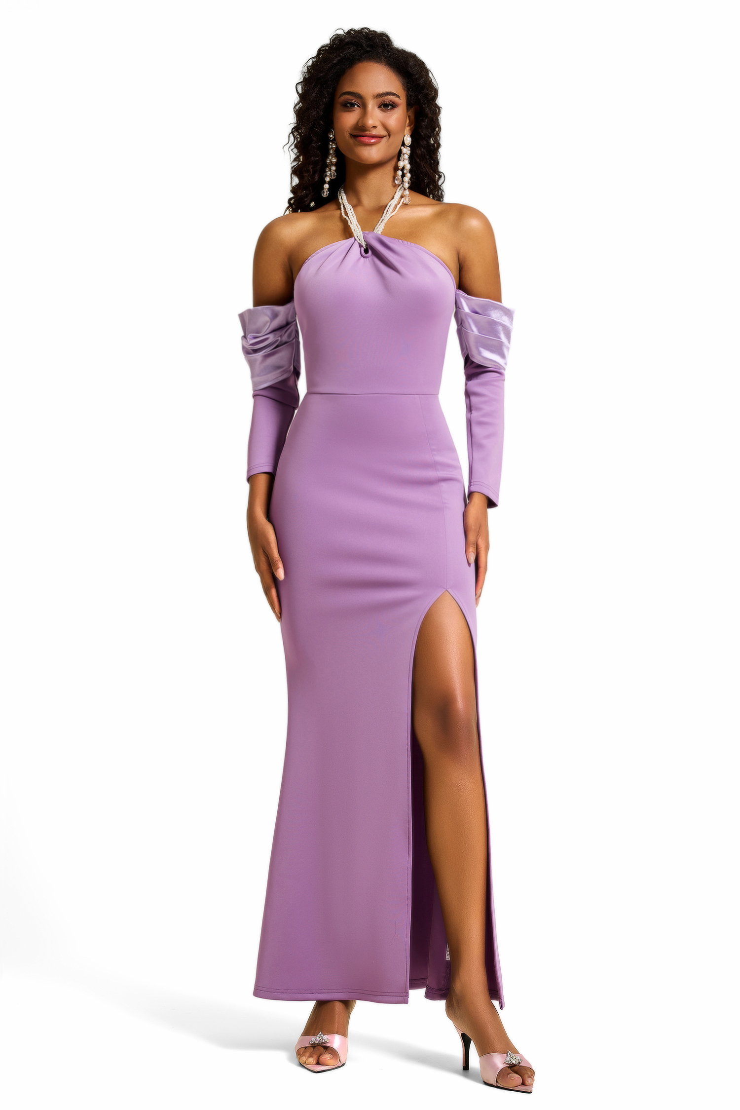 Lillian Faux Pearl Halter Neck Off-Shoulder Midi Dress