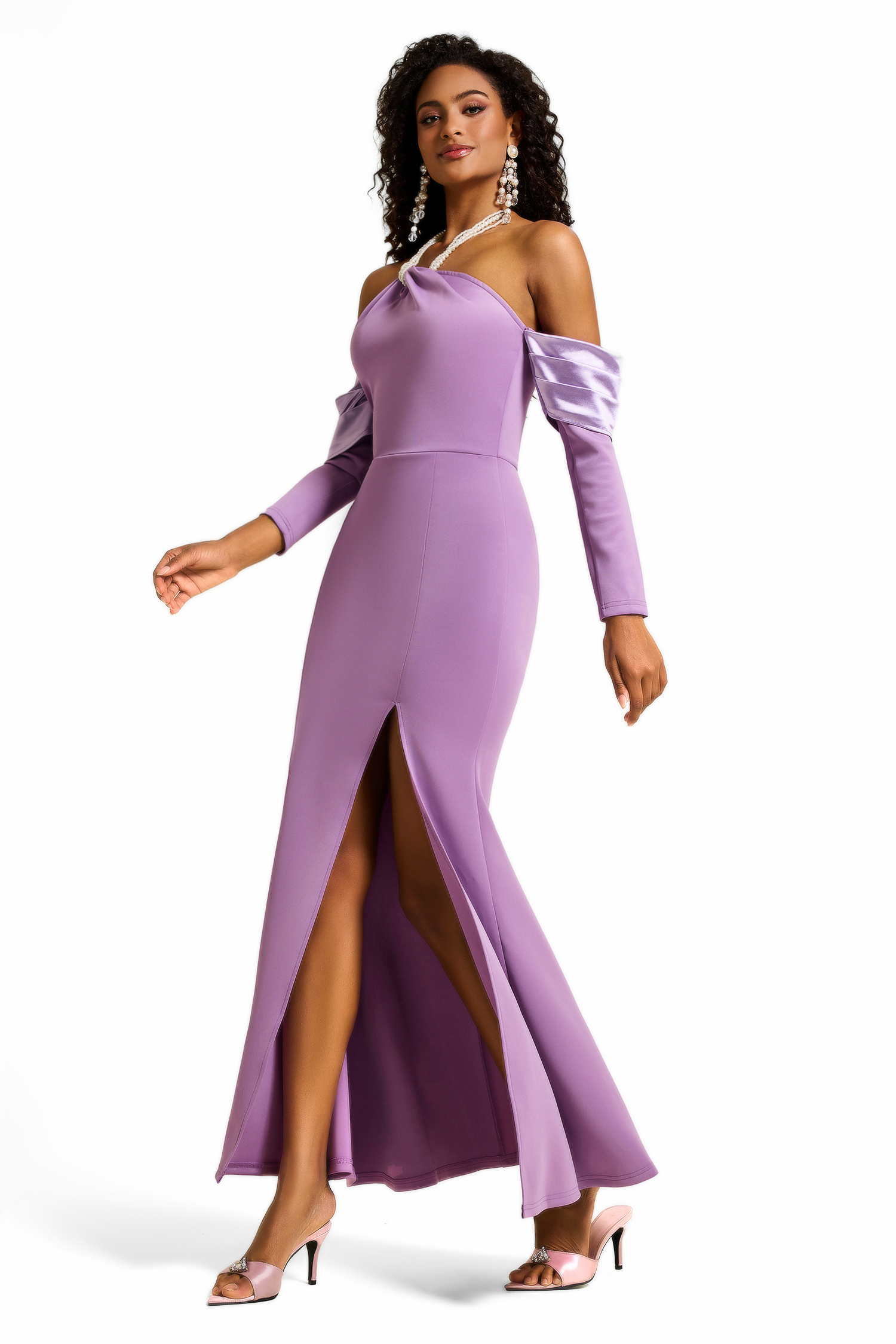 Lillian Faux Pearl Halter Neck Off-Shoulder Midi Dress