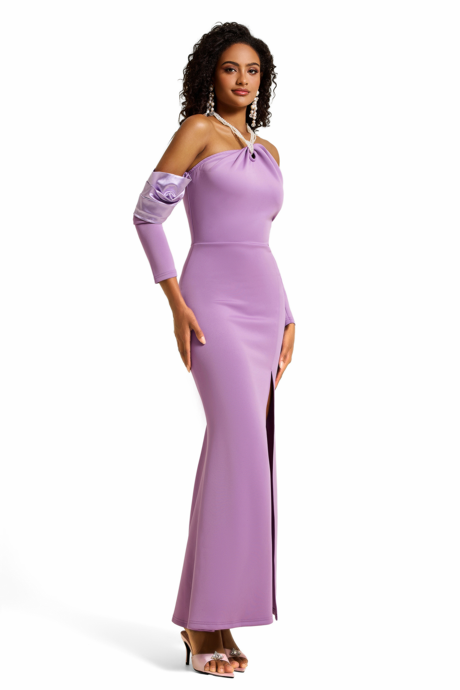 Lillian Faux Pearl Halter Neck Off-Shoulder Midi Dress