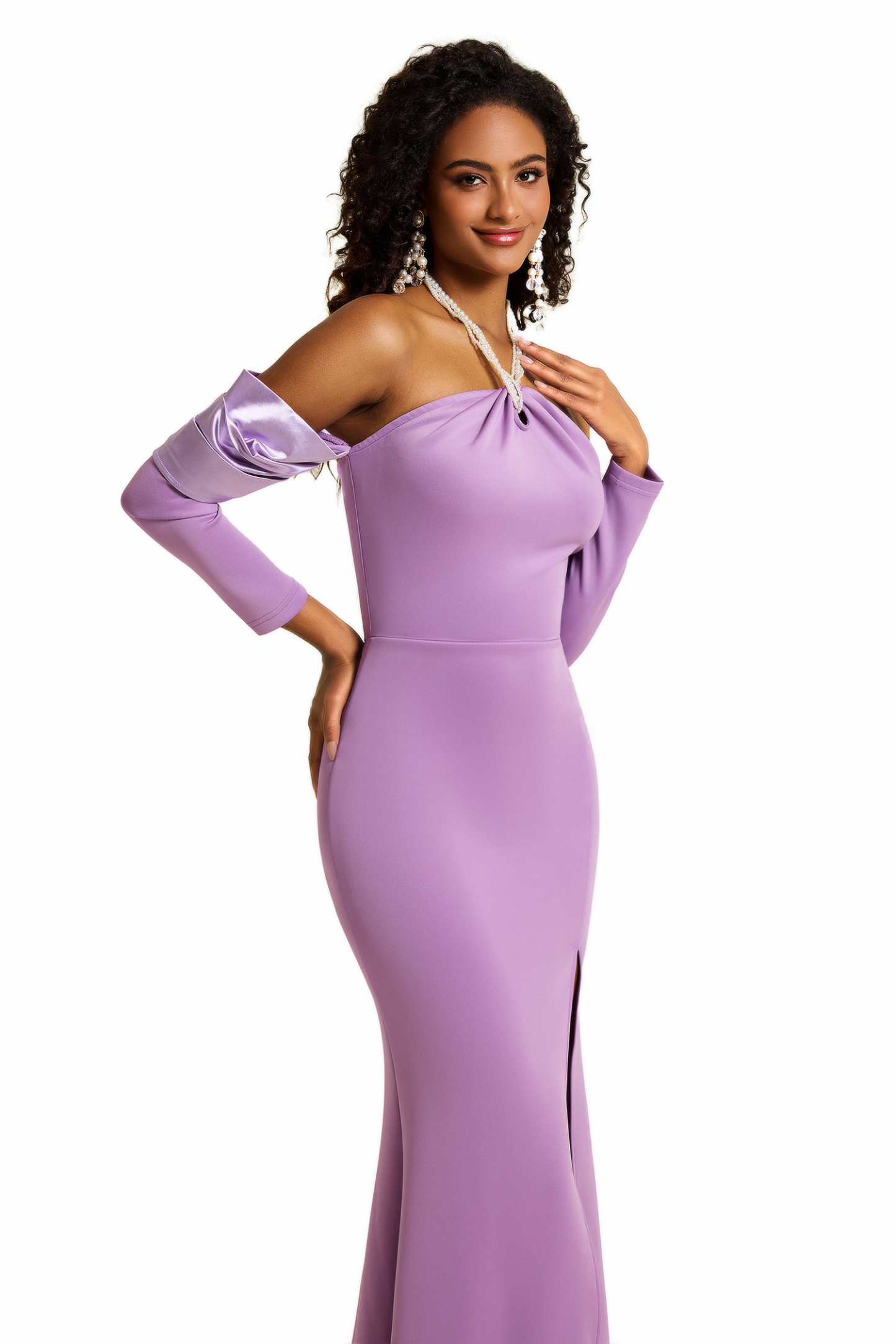 Lillian Faux Pearl Halter Neck Off-Shoulder Midi Dress