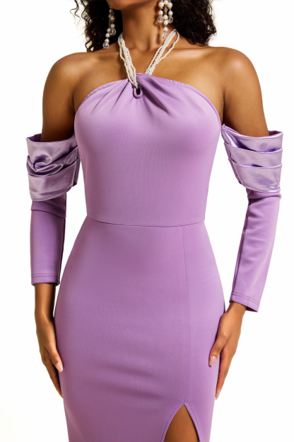 Lillian Faux Pearl Halter Neck Off-Shoulder Midi Dress