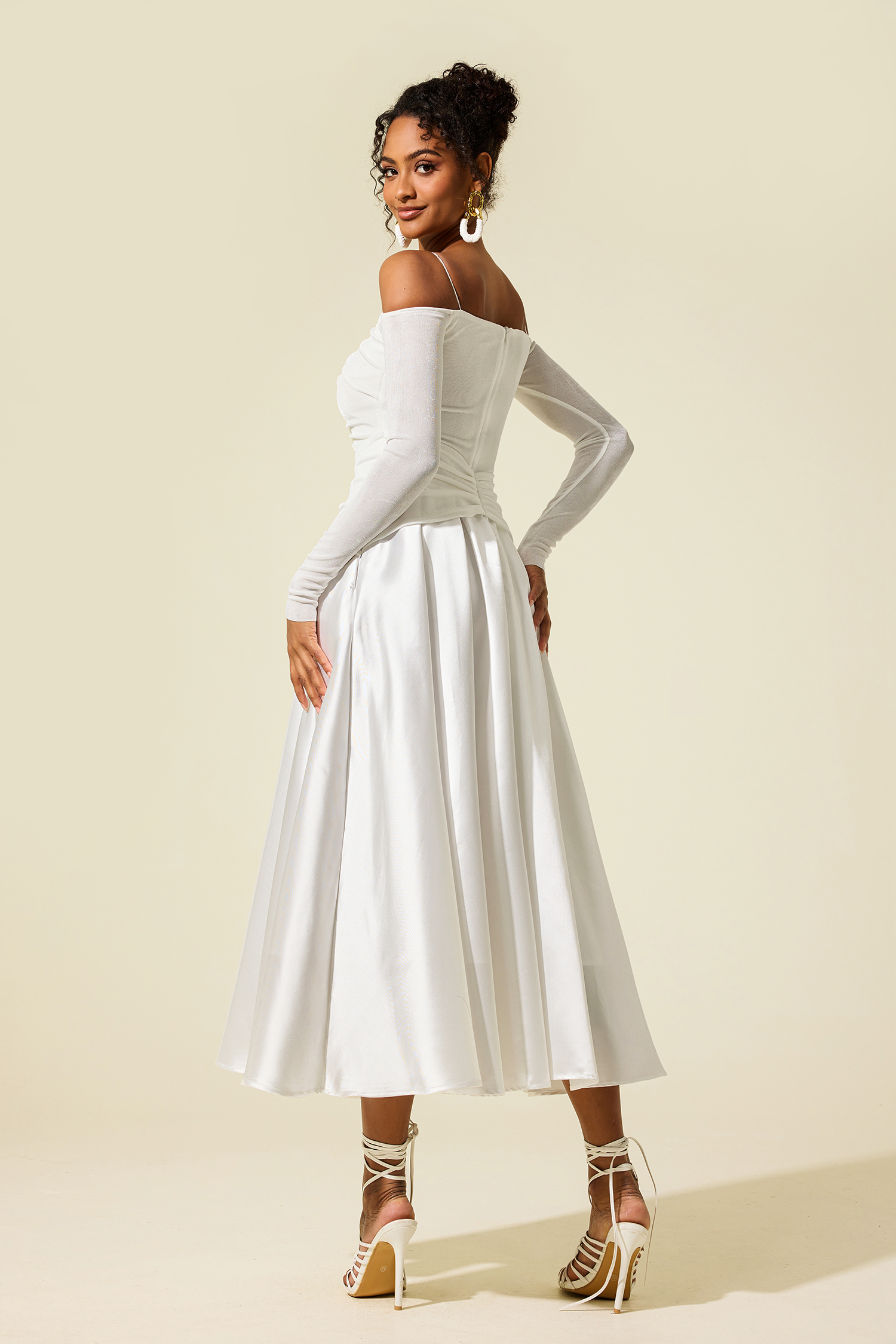 Janice Satin Jersey Long Sleeve Off-Shoulder Midi Dress