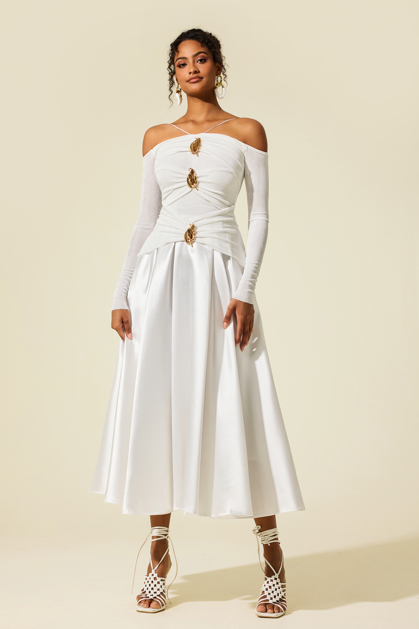 Janice Satin Jersey Long Sleeve Off-Shoulder Midi Dress