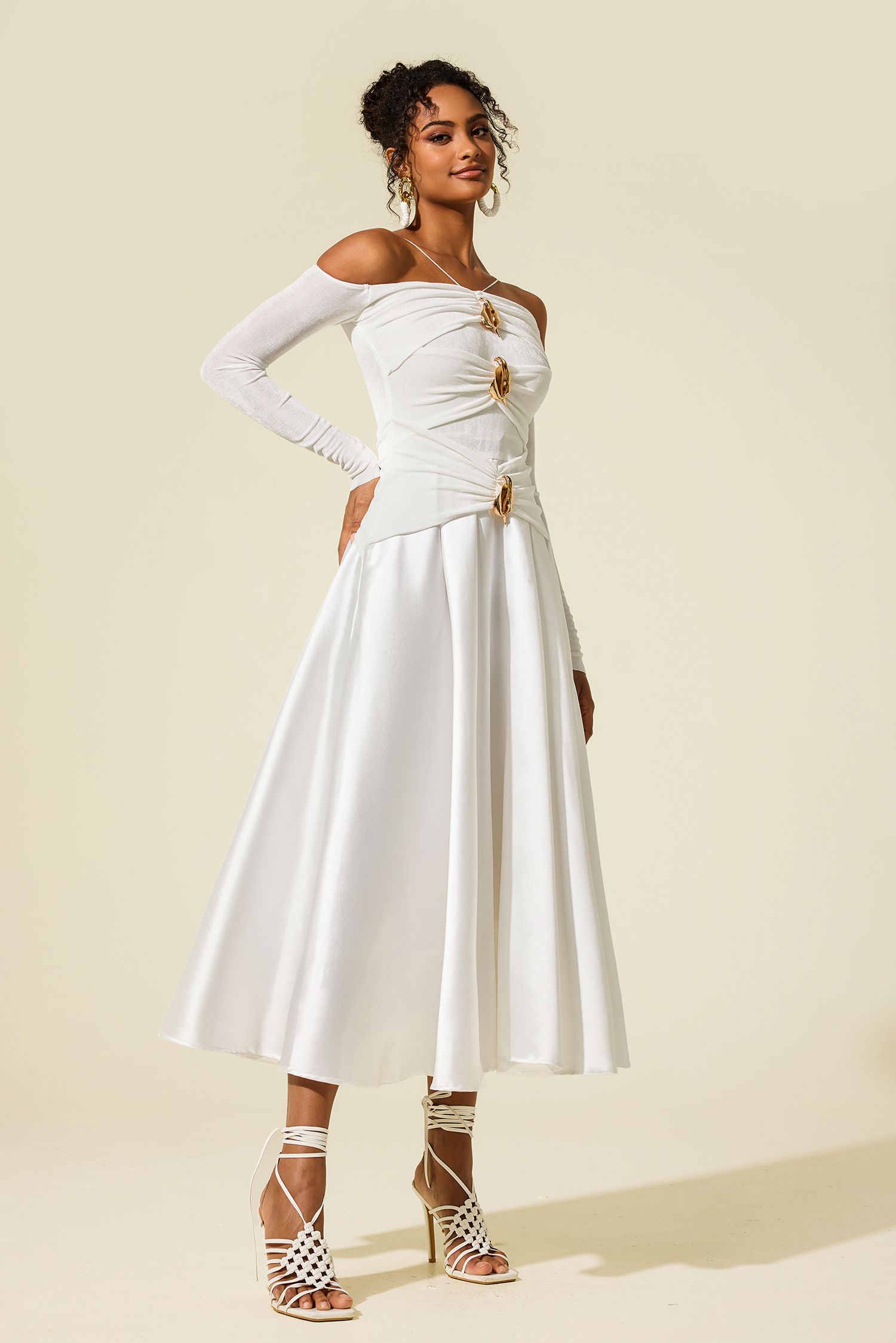 Janice Satin Jersey Long Sleeve Off-Shoulder Midi Dress