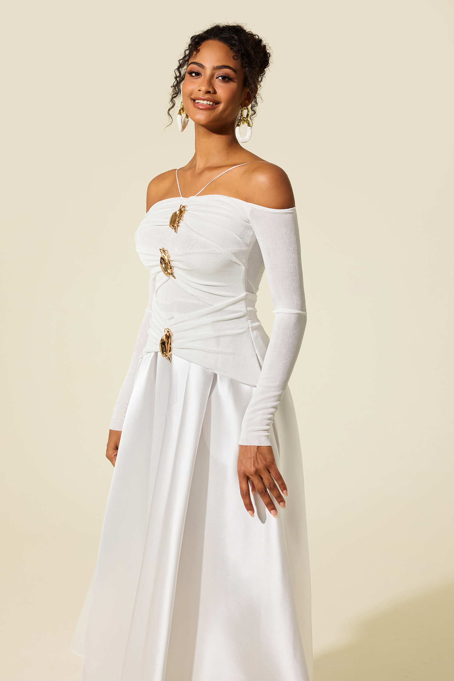 Janice Satin Jersey Long Sleeve Off-Shoulder Midi Dress