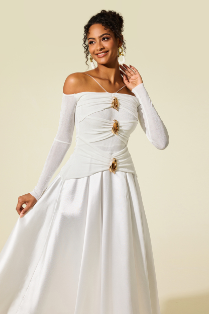 Janice Satin Jersey Long Sleeve Off-Shoulder Midi Dress