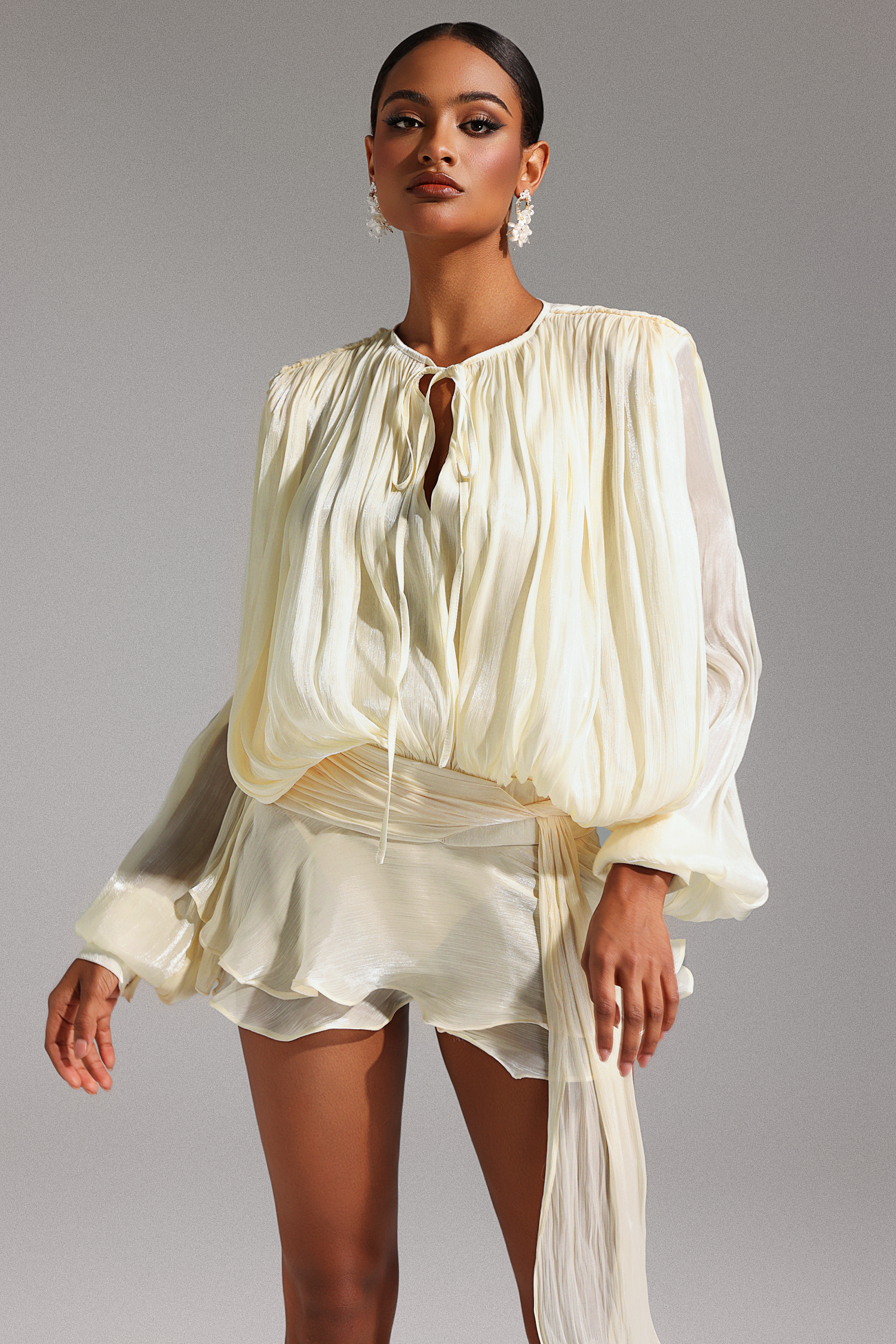 Vicky Beige Long Sleeve Hollow Out Flounce Mini Dress