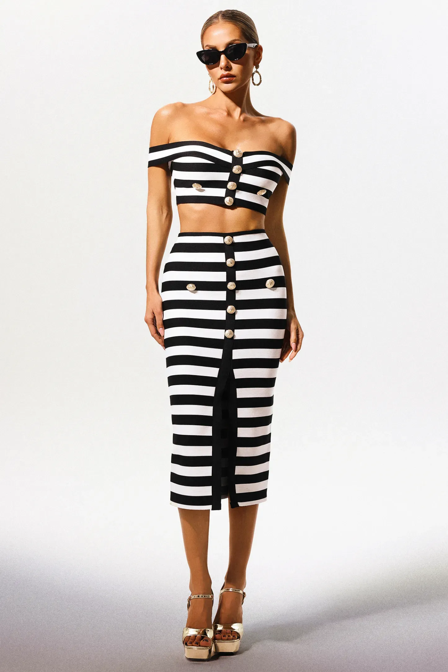 Isla Off-the-Shoulder Hollow Out Slit Bandage Midi Two-Piece Set