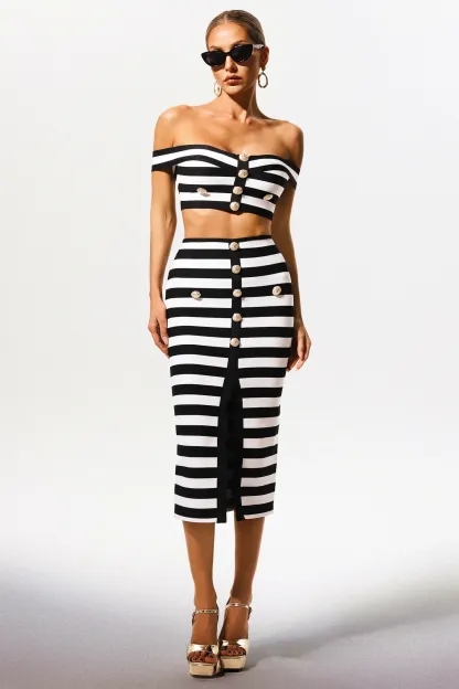 Isla Off-the-Shoulder Hollow Out Slit Bandage Midi Two-Piece Set