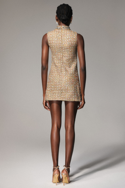 Tara Diamond Mid-Neck Sleeveless Tweed Mini Dress