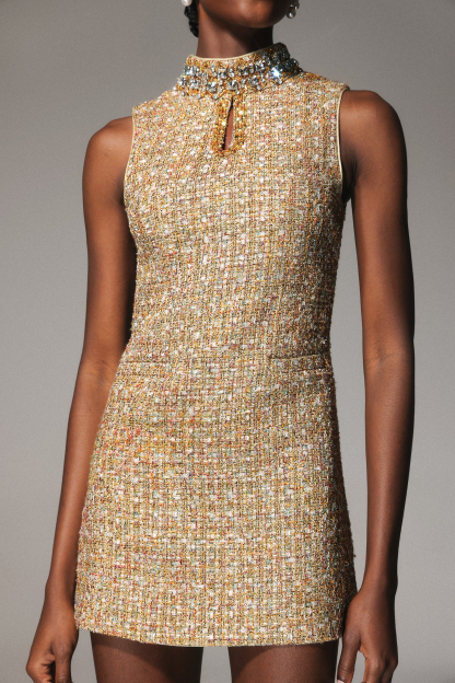Tara Diamond Mid-Neck Sleeveless Tweed Mini Dress