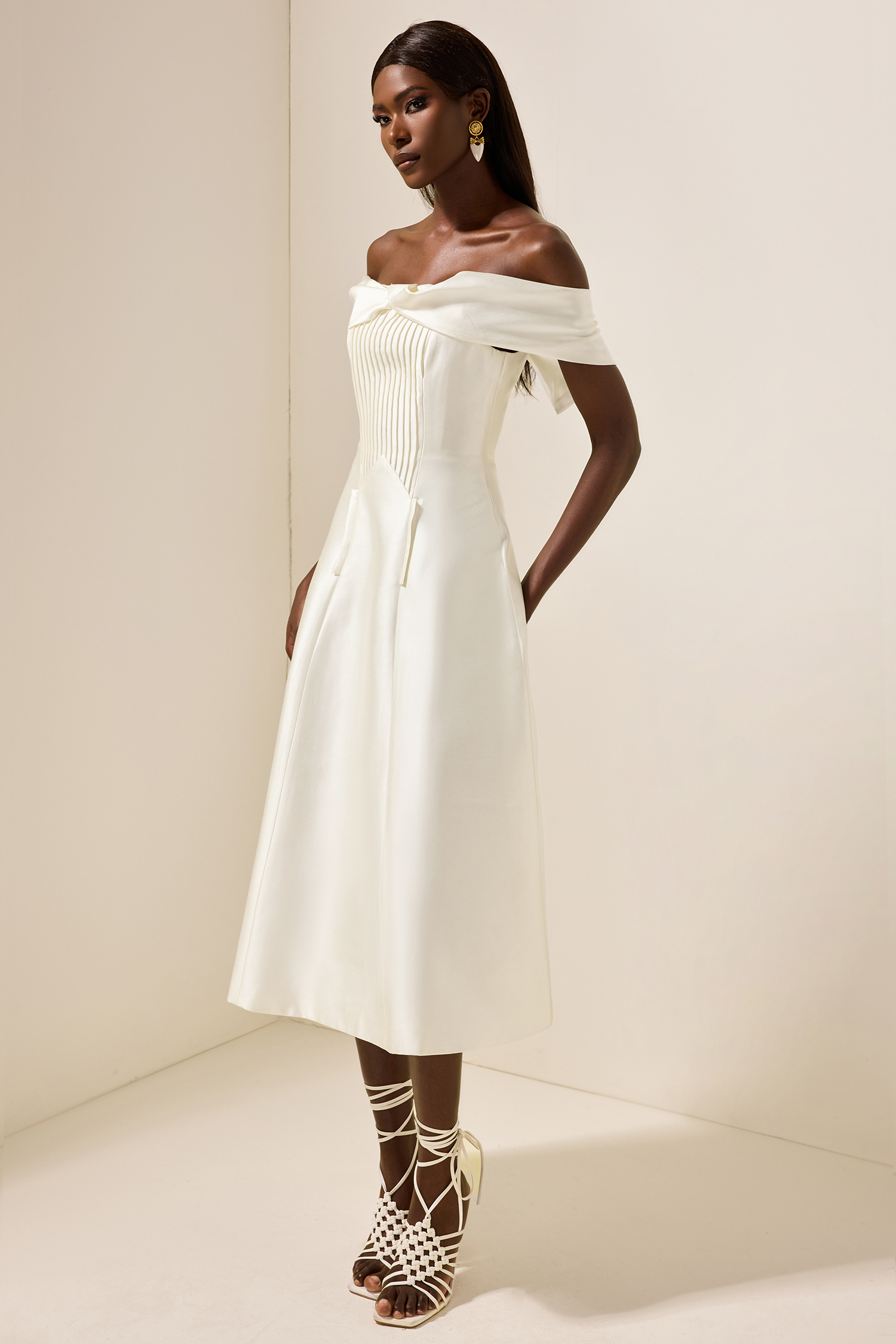 Bethany Knotted Pleat Solid Midi Dress