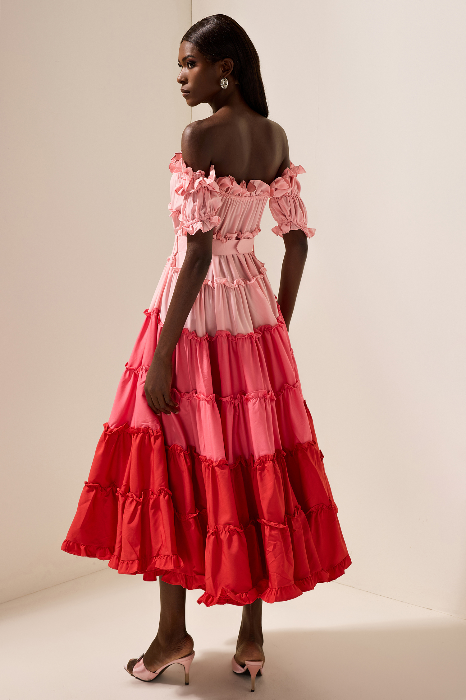 Kay Contrast Color Off-Shoulder Frill Midi Dress