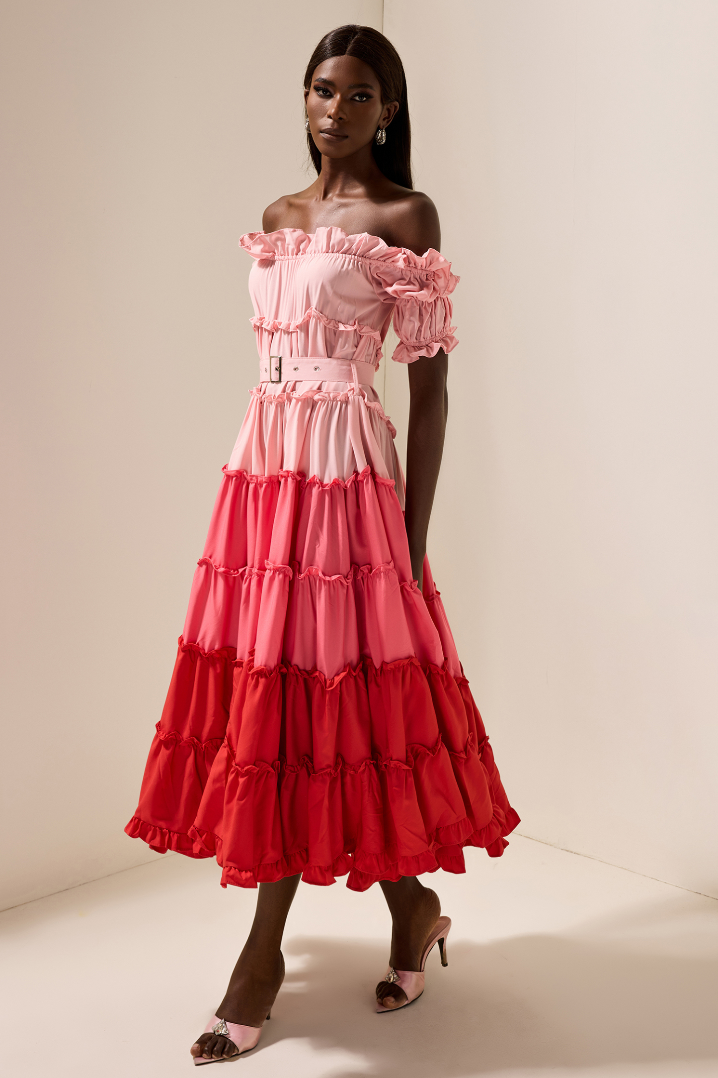 Kay Contrast Color Off-Shoulder Frill Midi Dress