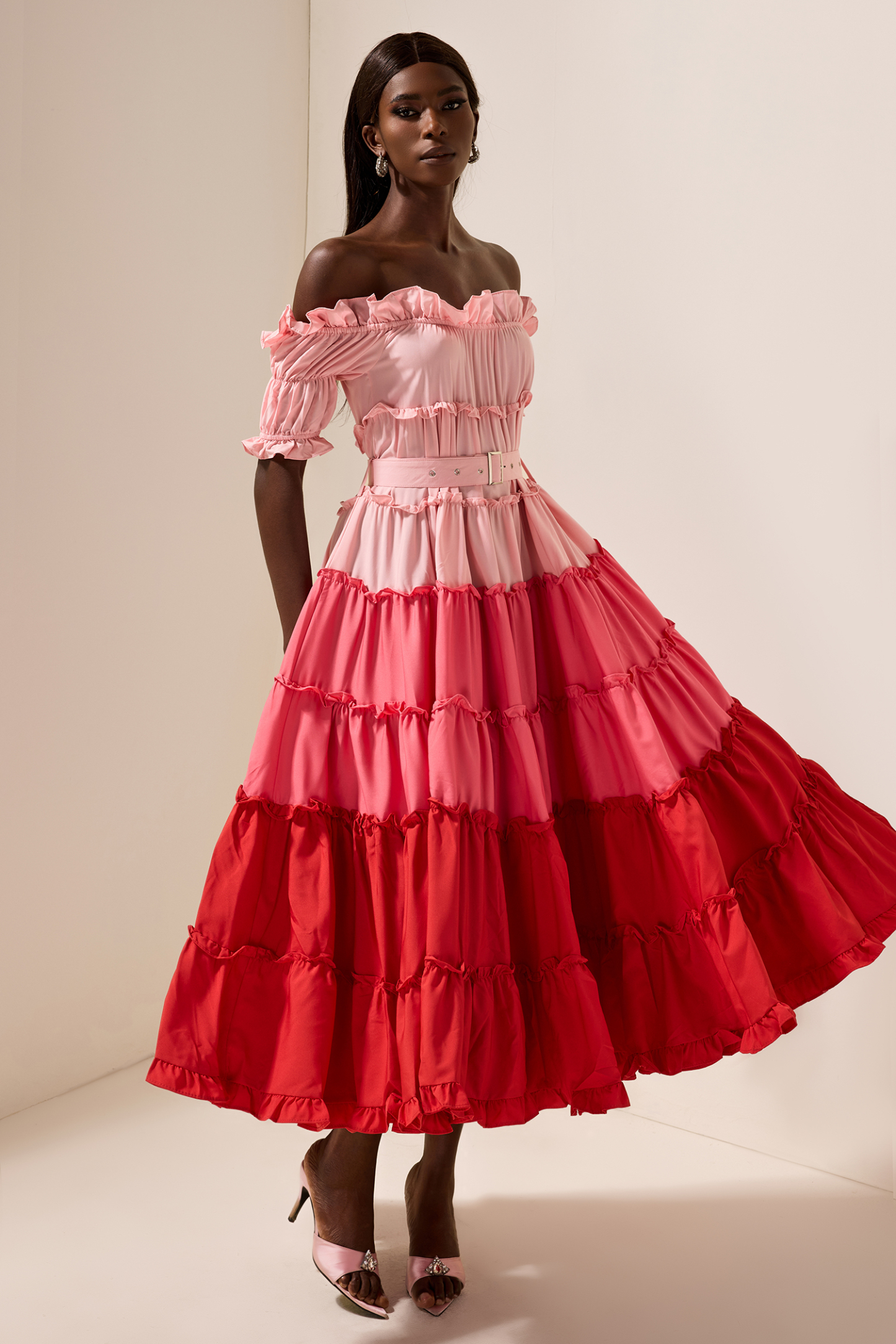 Kay Contrast Color Off-Shoulder Frill Midi Dress