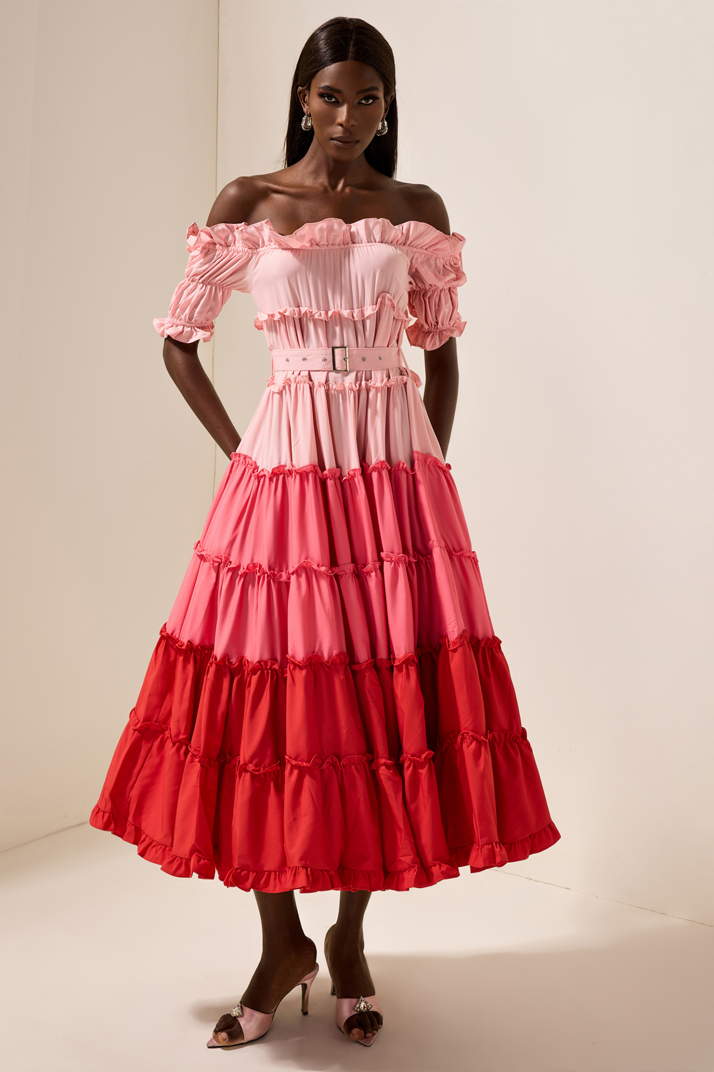 Kay Contrast Color Off-Shoulder Frill Midi Dress