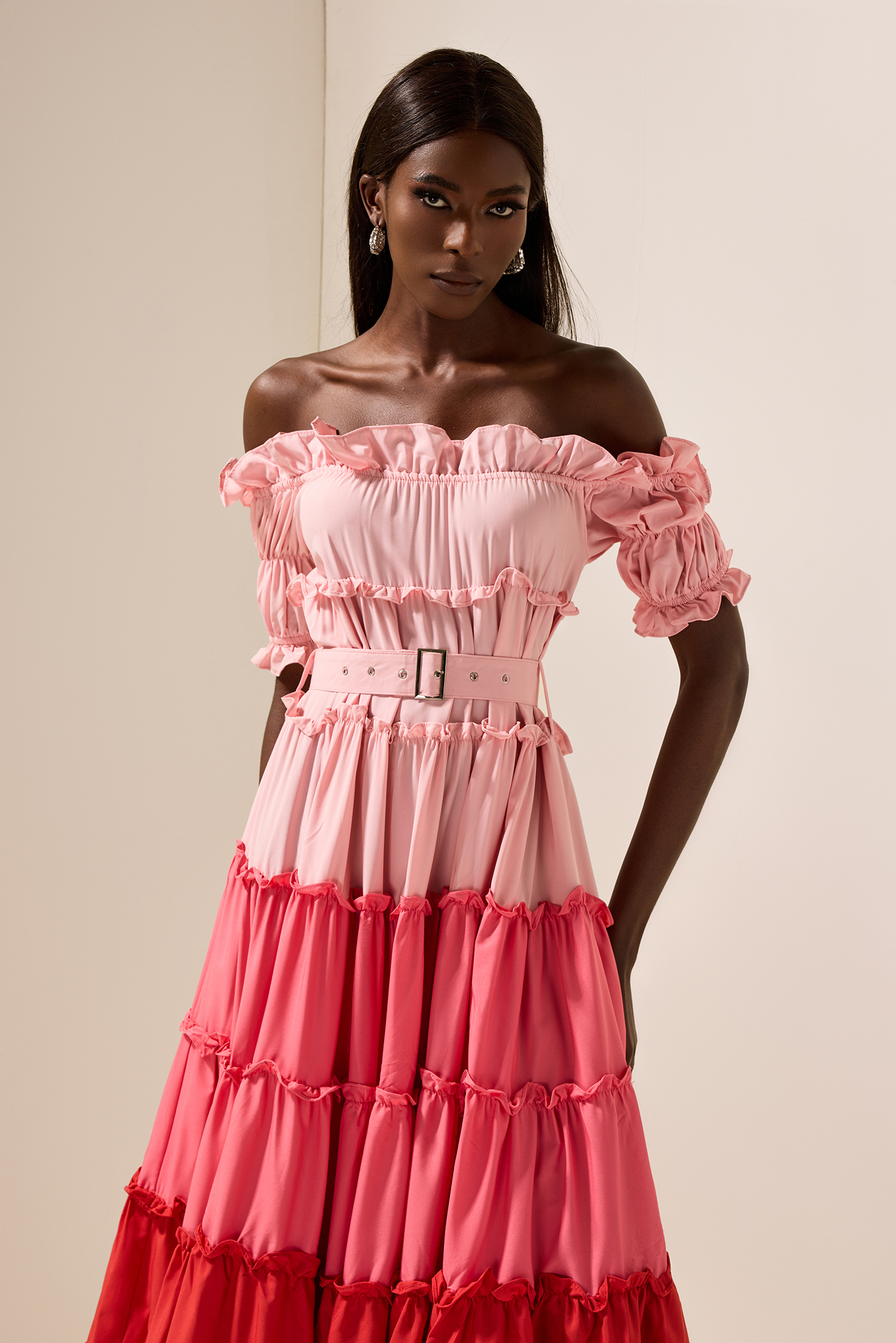 Kay Contrast Color Off-Shoulder Frill Midi Dress