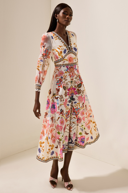 Corina Floral Lantern Sleeve V-Neck Midi Dress