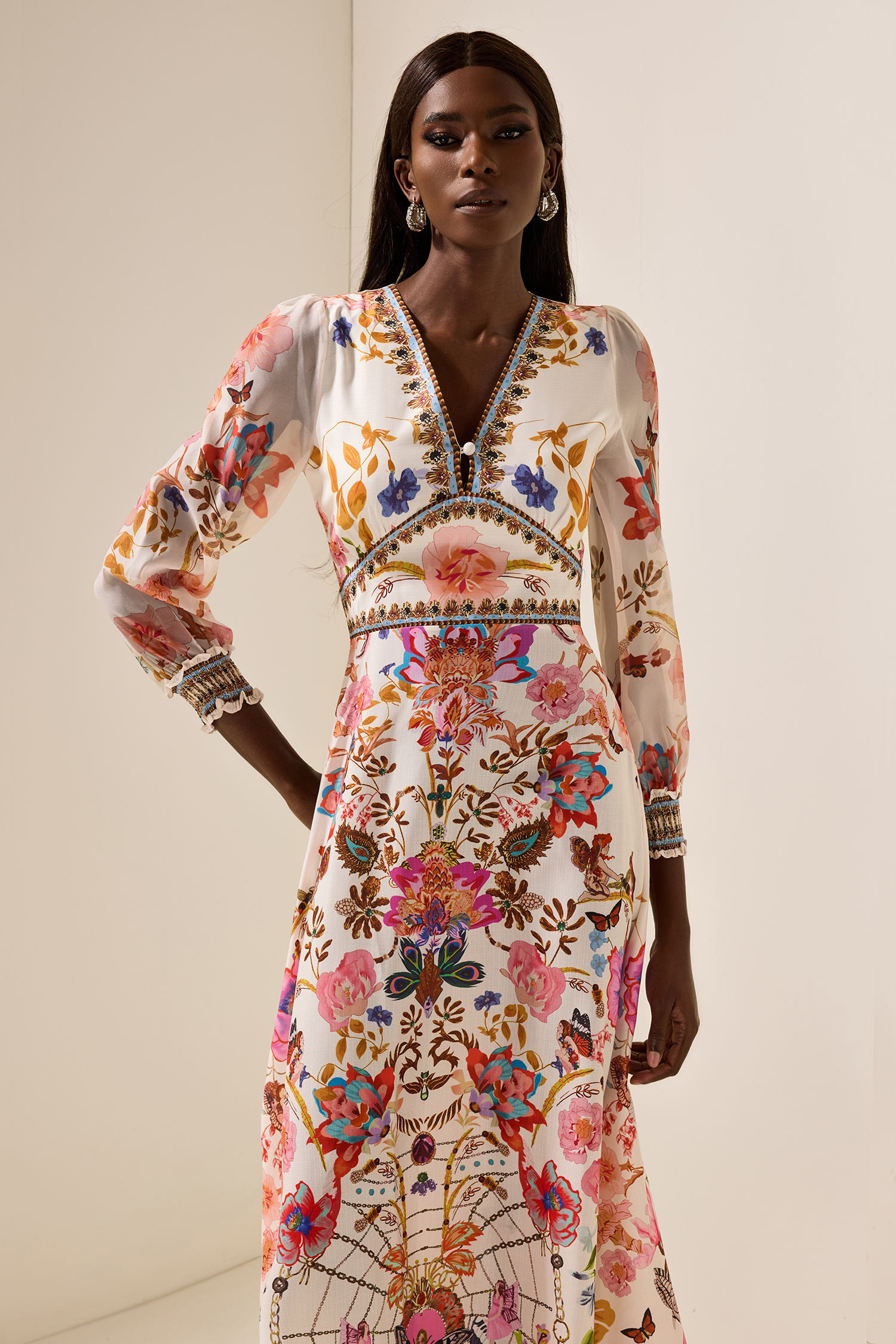 Corina Floral Lantern Sleeve V-Neck Midi Dress