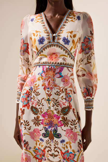 Corina Floral Lantern Sleeve V-Neck Midi Dress