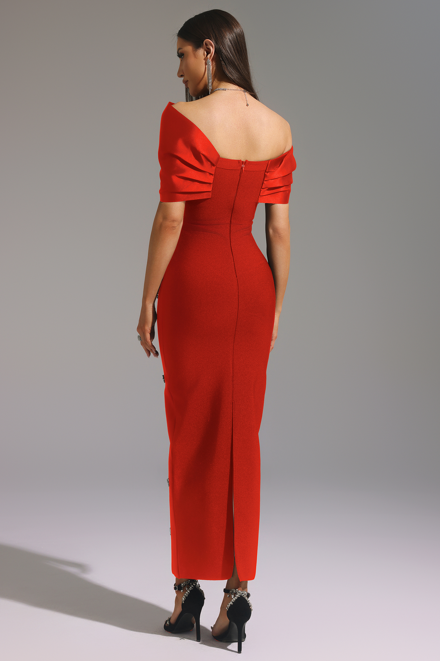 Elaine Red Sleeveless One Shoulder Diamond Bow Bandage Maxi Dress