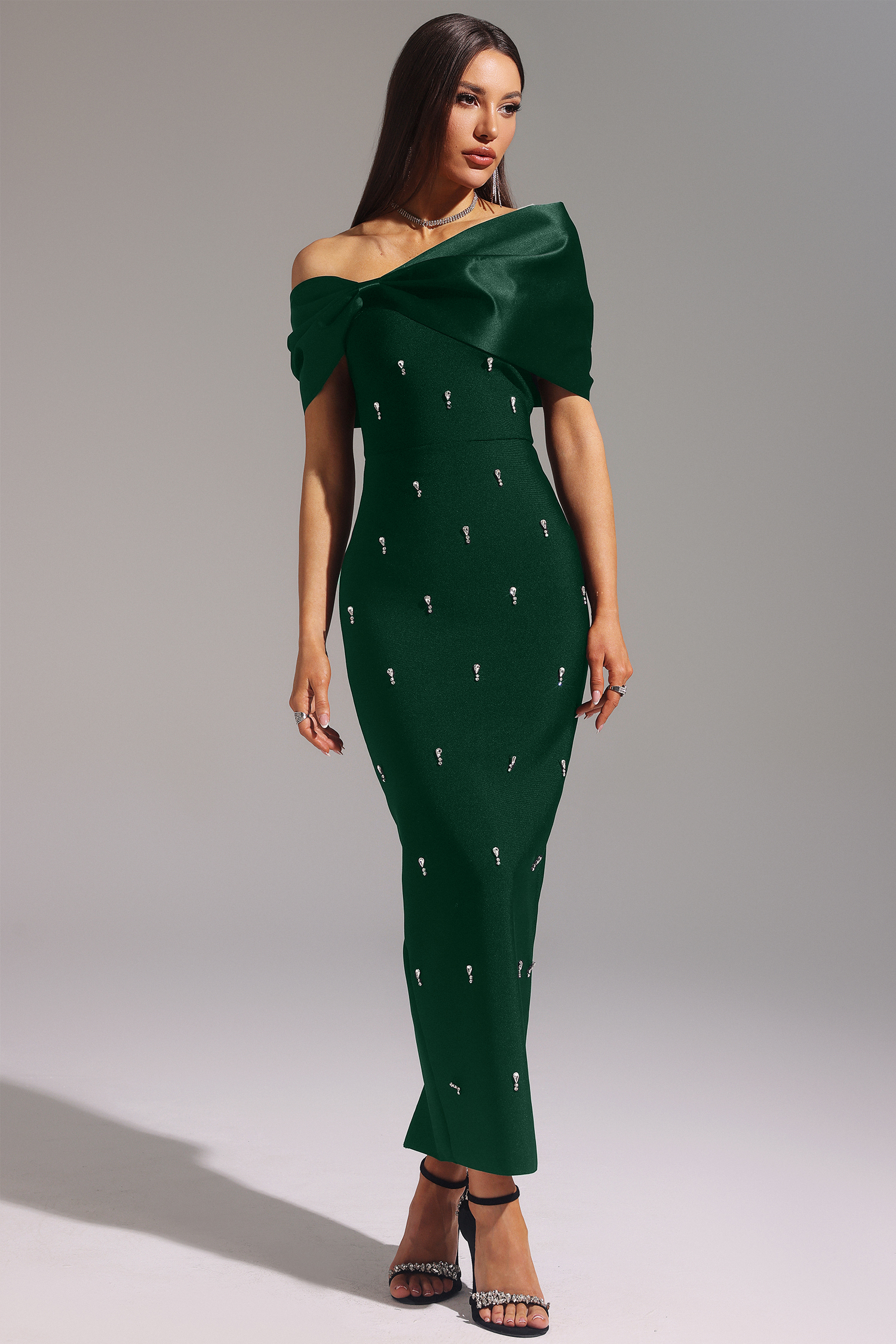 Elaine Green Sleeveless One Shoulder Diamond Bow Bandage Maxi Dress