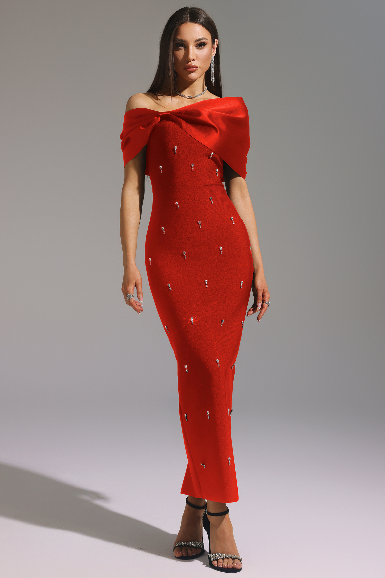 Elaine Red Sleeveless One Shoulder Diamond Bow Bandage Maxi Dress