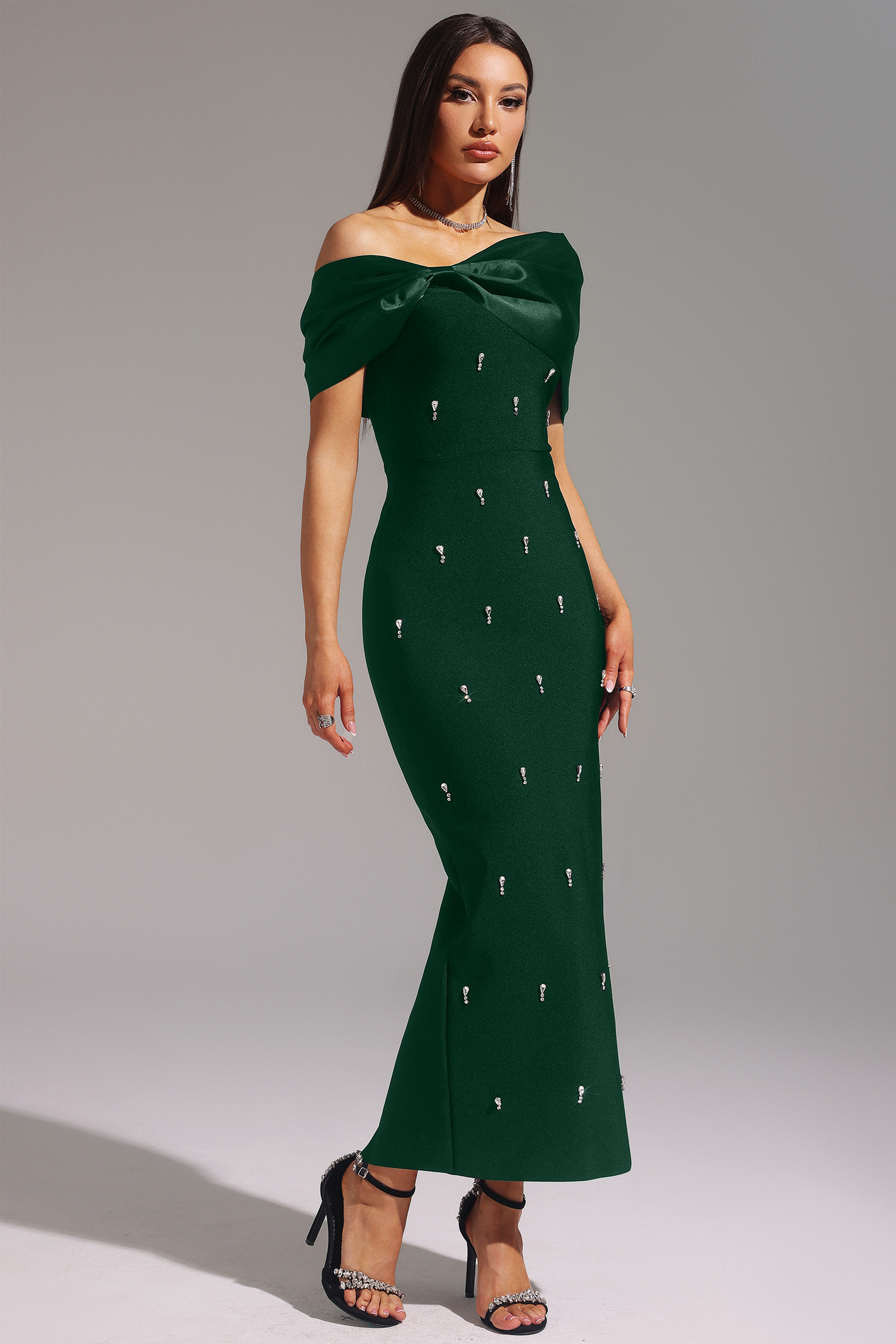 Elaine Green Sleeveless One Shoulder Diamond Bow Bandage Maxi Dress